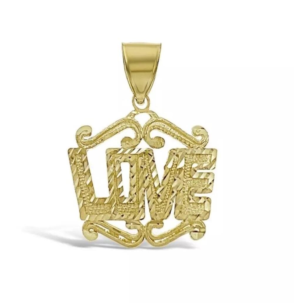 10k Yellow Gold Love Pendant Charm Diamond Cut 1.2"
